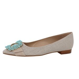 Manolo Blahnik Gibiflat, Natural/Turquoise, size 38